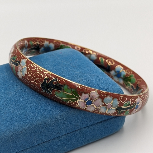 Floral Vintage Cloisonné Costume Bracelet Bangle Red with Flowers - Picture 8 of 11